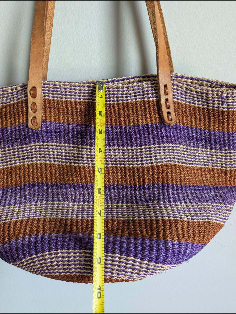 Sisal Kiondo Handwoven Stripe Summer Straw Tote Bag Brown/Purple leather Handle - Picture 3 of 9